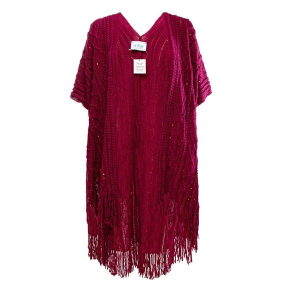 The Skyline Collection Sweaters - The Skyline Collection Red Knit Poncho Cardigan with Sequins, One Size